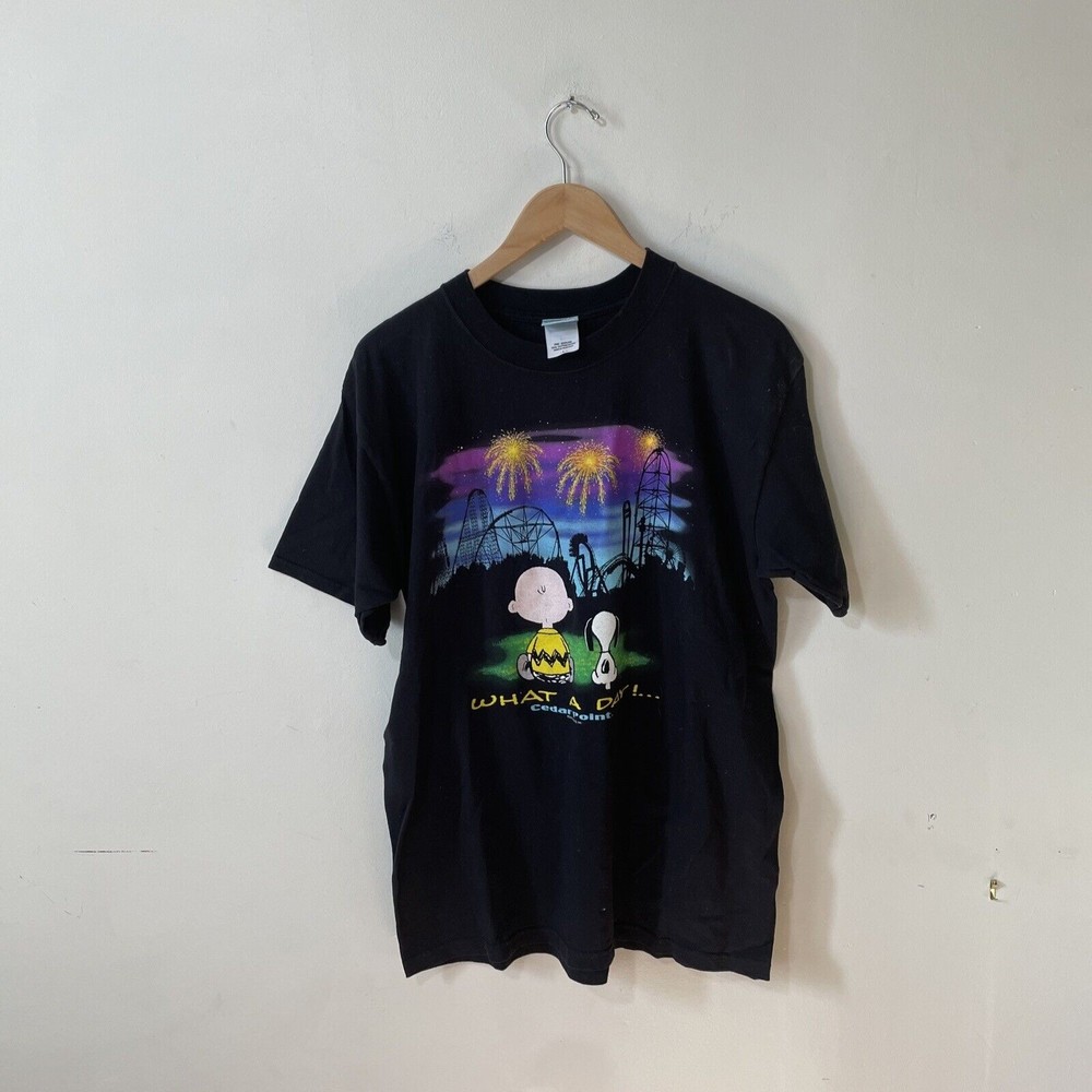 Vtg Charlie Brown Fireworks Cedar Point Black Men’s Large T Shirt
